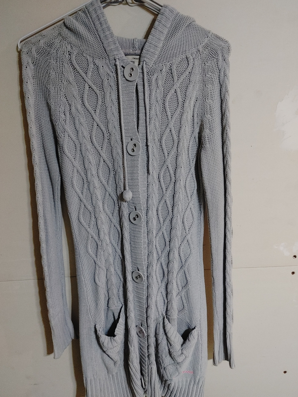 DKNY Light Gray Cable-Knit Hooded Long Cardigan